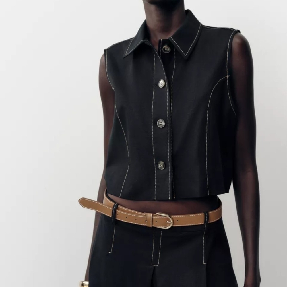 NWT Zara Contrast Stitching Linen Blend Button-front Collared Vest In Black - M